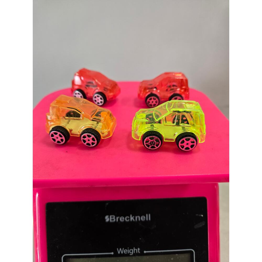 4 Transparent Free Wheeling Cars 1.5" Long Yellow Orange Red  Junk Drawer Find